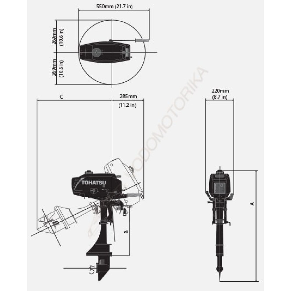 Лодочный мотор Tohatsu M3.5 S 3.5 л.с. двухтактный