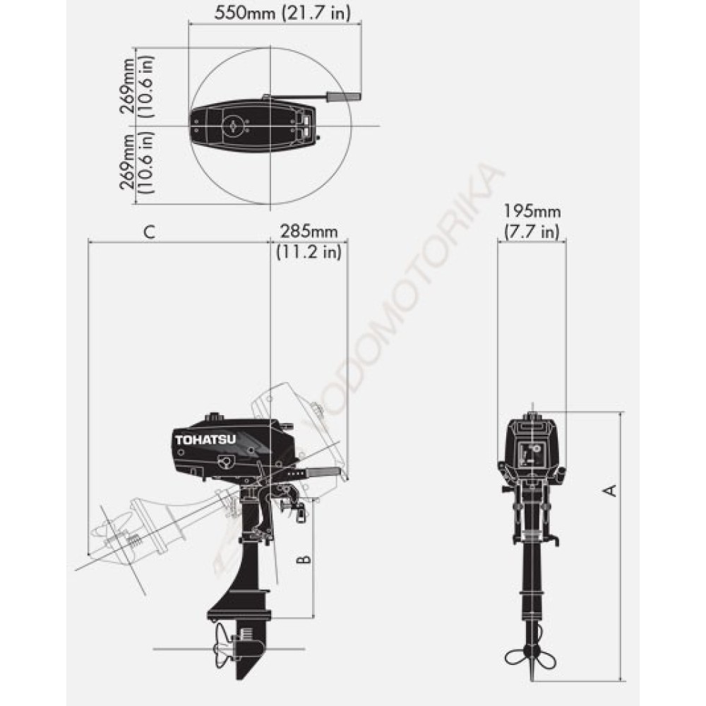 Лодочный мотор Tohatsu M2.5A2 S 2.5 л.с. двухтактный